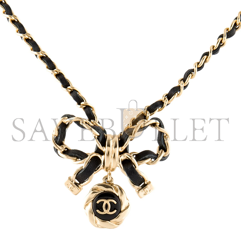 CHANEL LEATHER CHAIN BOW DROP NECKLACE AB8741